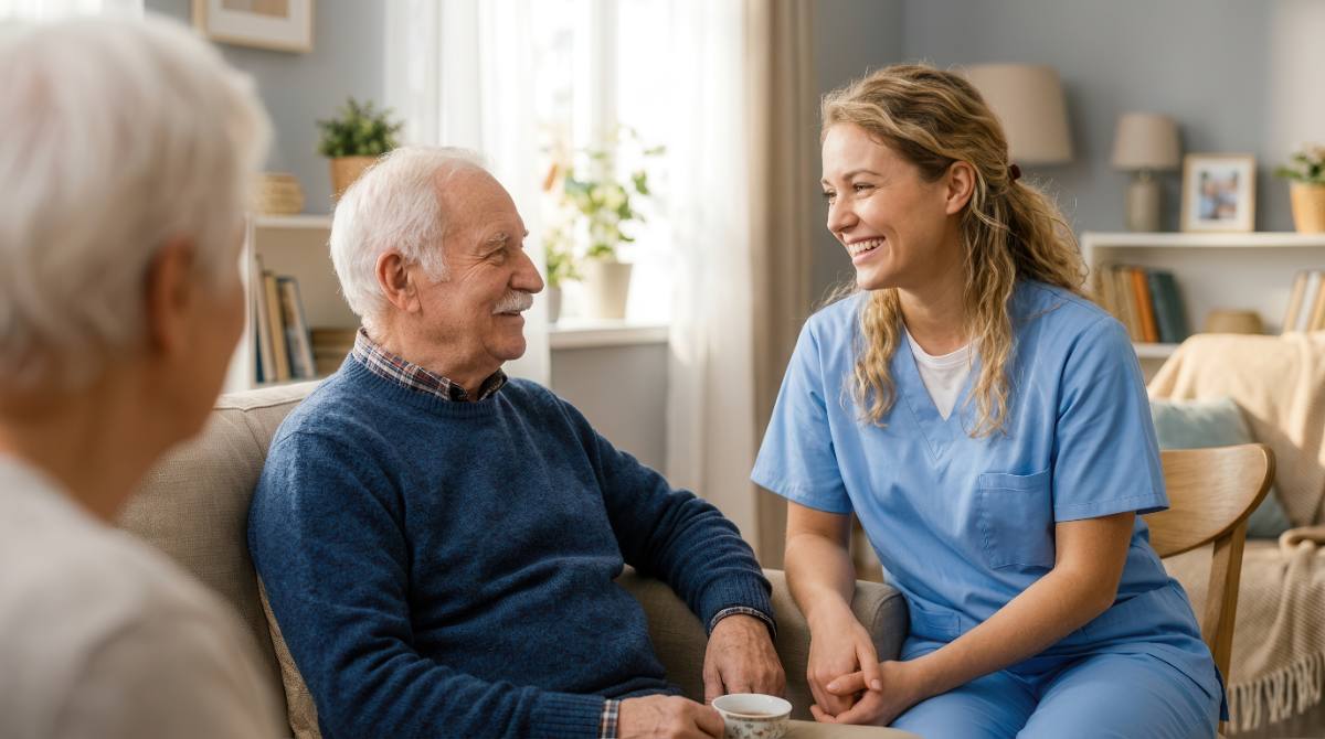 Caregiver in blue scrubs smiling while talking with senior man in living room